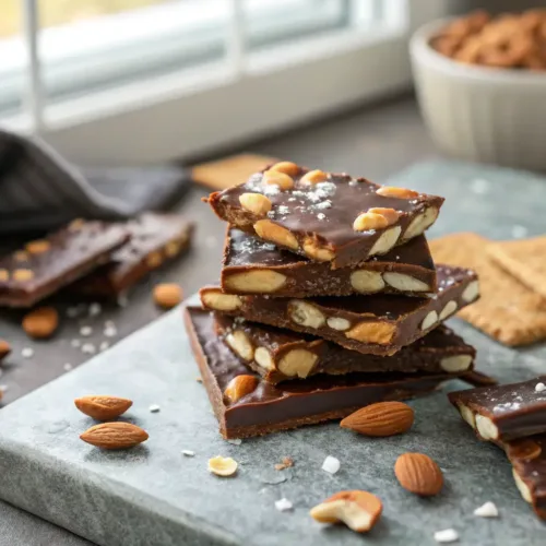 Close-up of almond bark candy with chocolate and almonds on gray tabletop