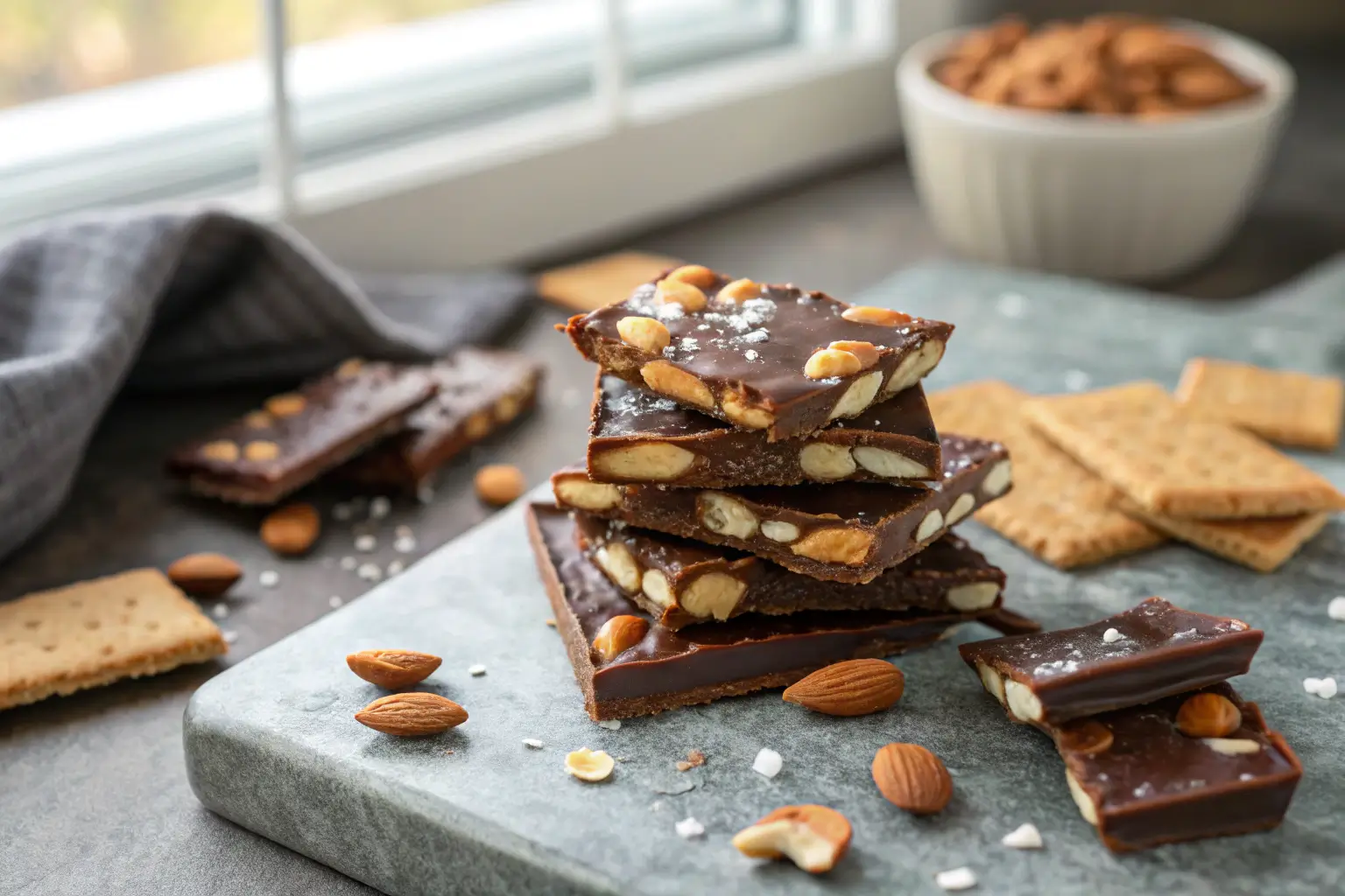 Close-up of almond bark candy with chocolate and almonds on gray tabletop