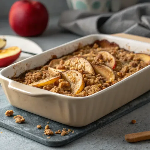 warm apple crisp with golden oat topping in baking dish