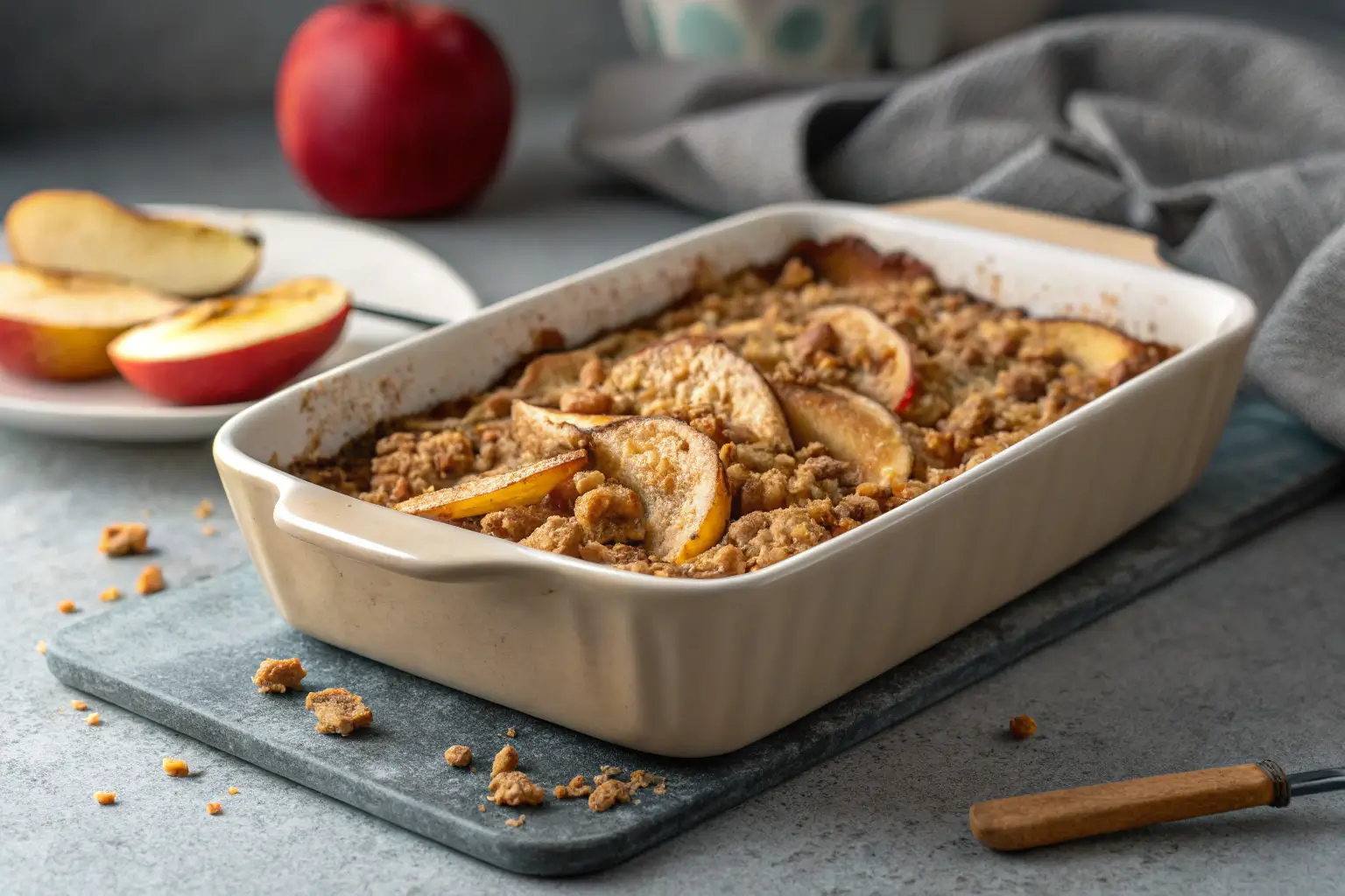 warm apple crisp with golden oat topping in baking dish