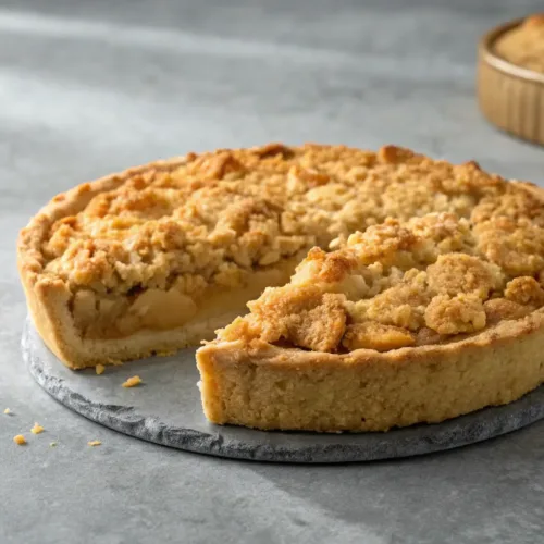 Easy apple crumble pie with golden streusel topping on gray background
