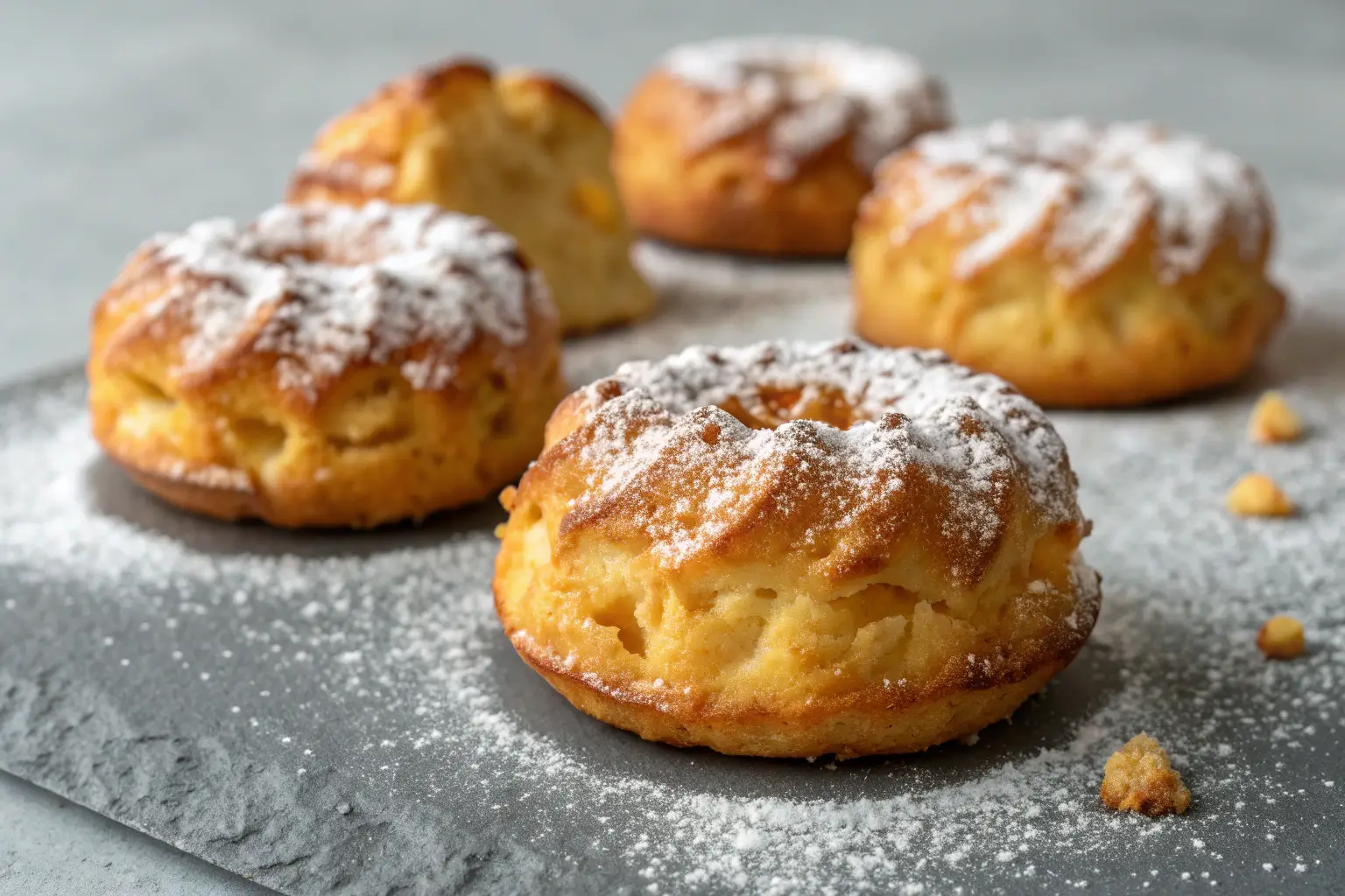 golden baked apple fritters dusted with powdered sugar on gray background