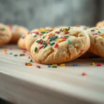 Soft chewy Christmas cookies with colorful sprinkles on wood surface