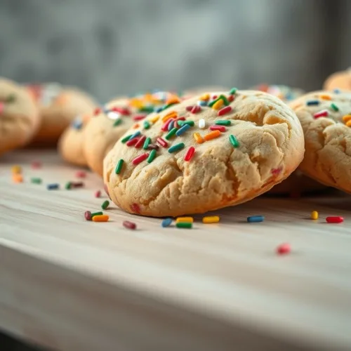 Soft chewy Christmas cookies with colorful sprinkles on wood surface