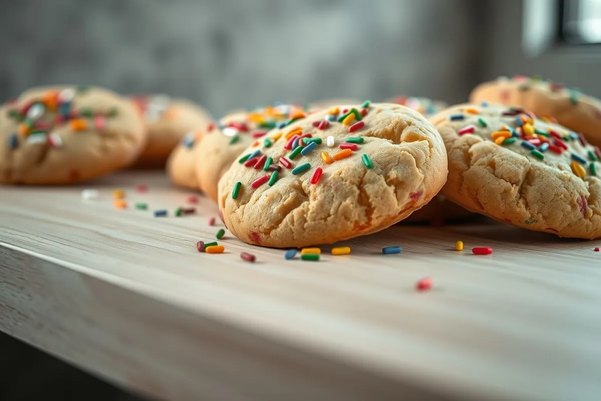 Soft chewy Christmas cookies with colorful sprinkles on wood surface