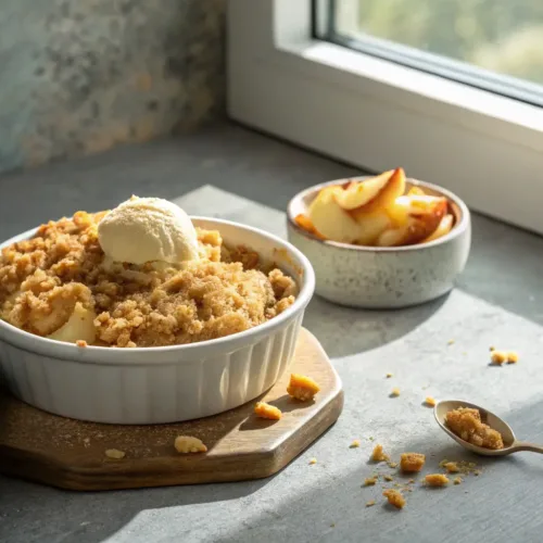 warm apple crisp dessert with golden oat crumble topping