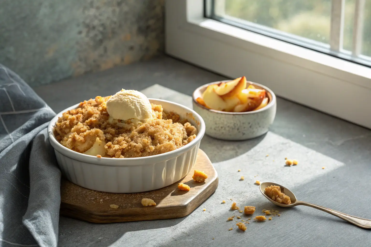warm apple crisp dessert with golden oat crumble topping