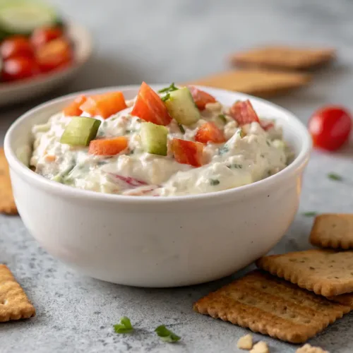 Easy Cold Party Appetizers to Make Ahead for Any Gathering 2 Creamy vegetable dip with crackers on gray tabletop