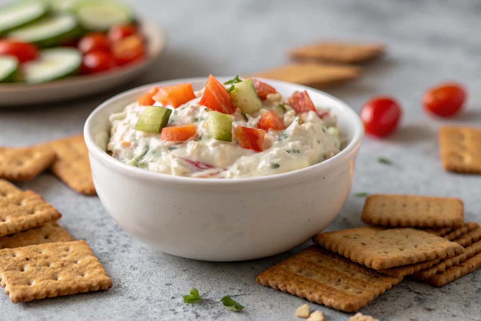 Creamy vegetable dip with crackers on gray tabletop