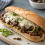 Ground beef Philly cheesesteak sandwich with melted cheese and sautéed veggies