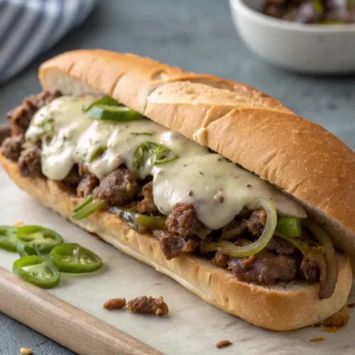 Ground beef Philly cheesesteak sandwich with melted cheese and sautรฉed veggies