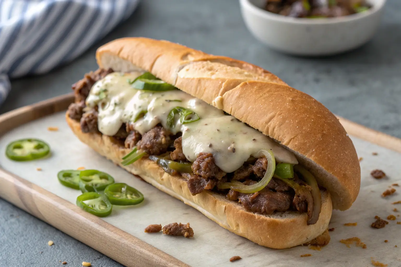 Ground beef Philly cheesesteak sandwich with melted cheese and sautéed veggies