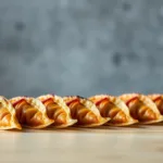 Crispy golden brown gyoza dumplings on wood tabletop