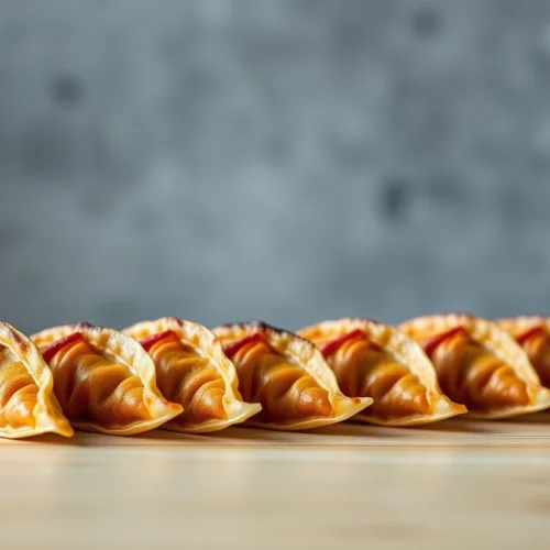 Crispy golden brown gyoza dumplings on wood tabletop
