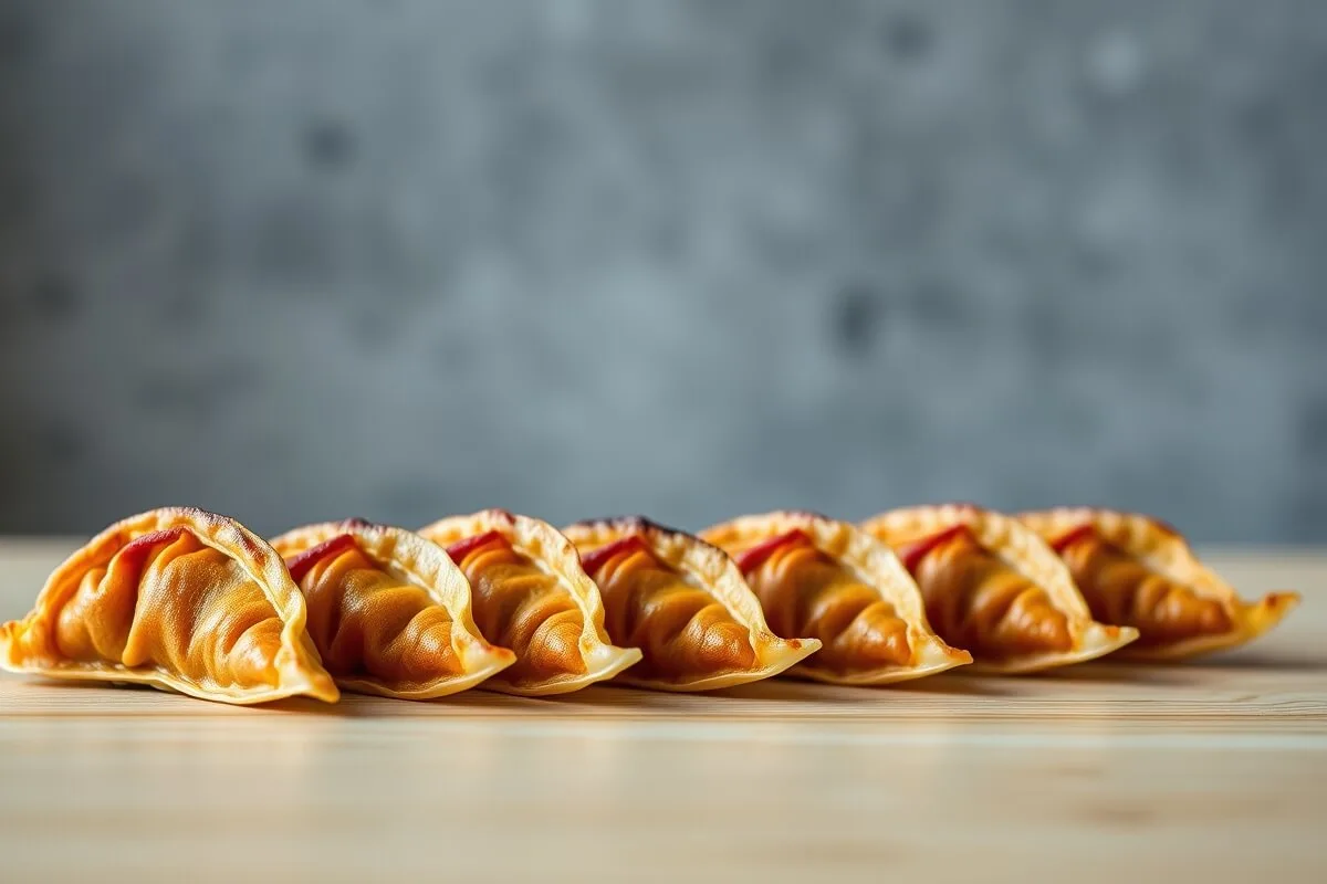 Crispy golden brown gyoza dumplings on wood tabletop