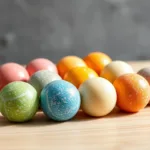 Colorful glossy Hanami dango balls on light wood surface