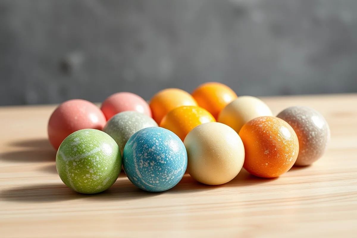 Colorful glossy Hanami dango balls on light wood surface