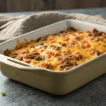 easy hobo casserole with melted cheddar cheese and ground beef