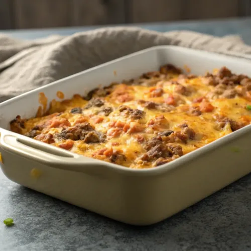 easy hobo casserole with melted cheddar cheese and ground beef