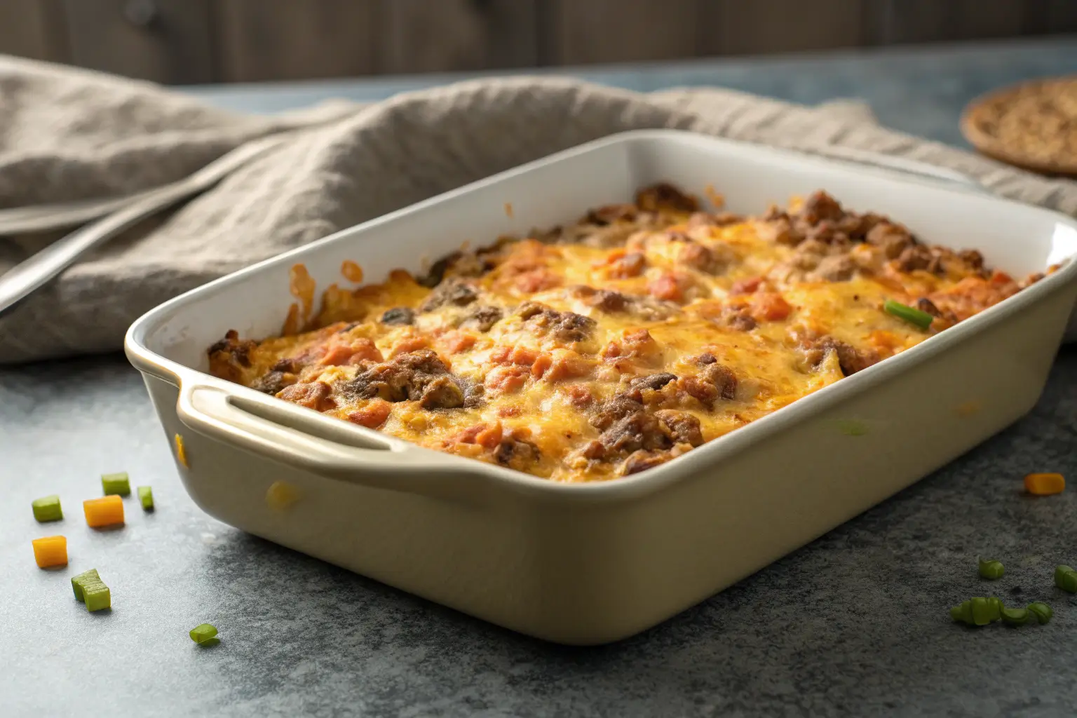 easy hobo casserole with melted cheddar cheese and ground beef
