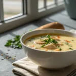 creamy condensed cream of chicken soup in bowl on gray background