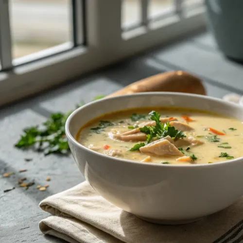 creamy condensed cream of chicken soup in bowl on gray background