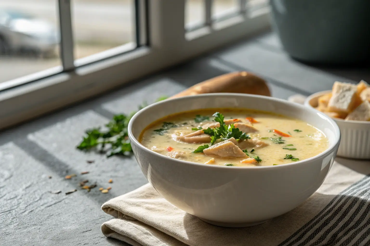 creamy condensed cream of chicken soup in bowl on gray background