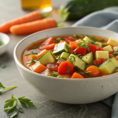 bowl of homemade vegetable soup with fresh diced vegetables and herbs