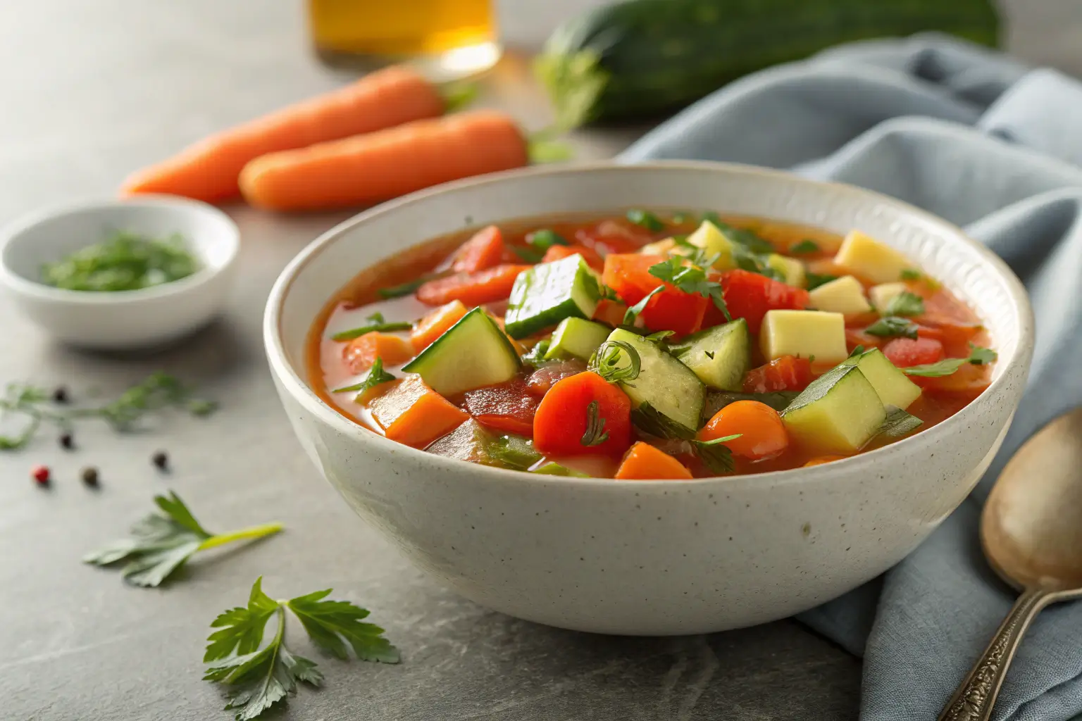 bowl of homemade vegetable soup with fresh diced vegetables and herbs