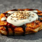 Japanese okonomiyaki savory pancake with sauce and bonito flakes