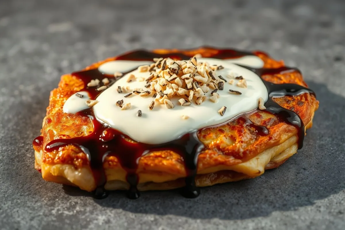 Japanese okonomiyaki savory pancake with sauce and bonito flakes