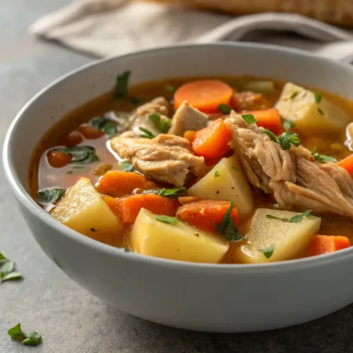 bowl of easy one-pot chicken stew with chicken, potatoes, and carrots