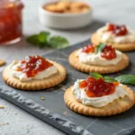 Cream cheese and pepper jelly bites on crackers with herb garnish