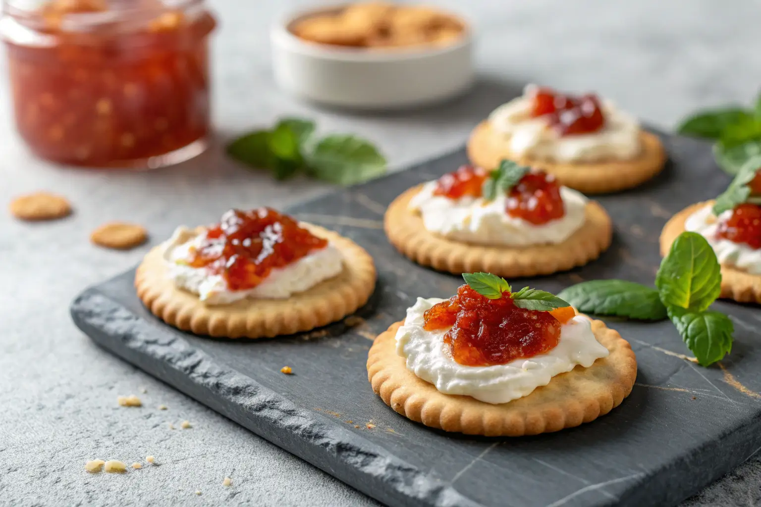 Cream cheese and pepper jelly bites on crackers with herb garnish