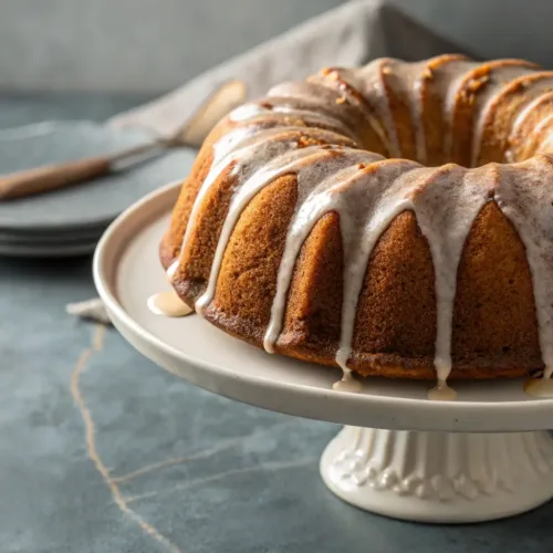 glazed pumpkin spice bundt cake on gray background