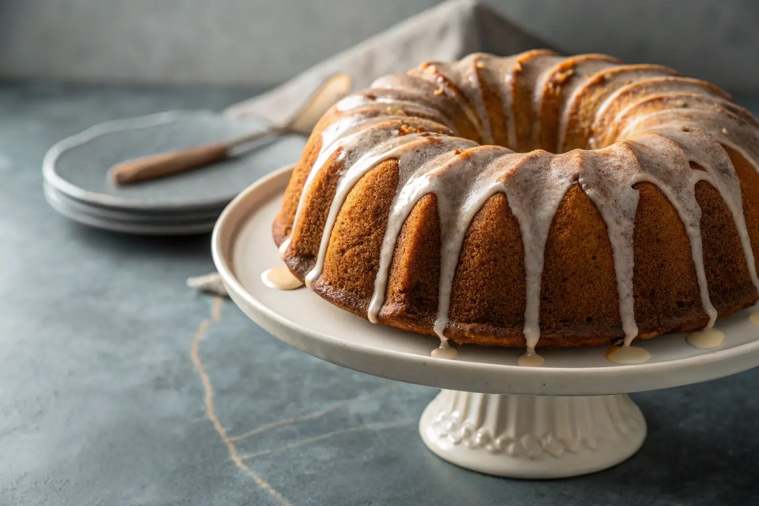 glazed pumpkin spice bundt cake on gray background