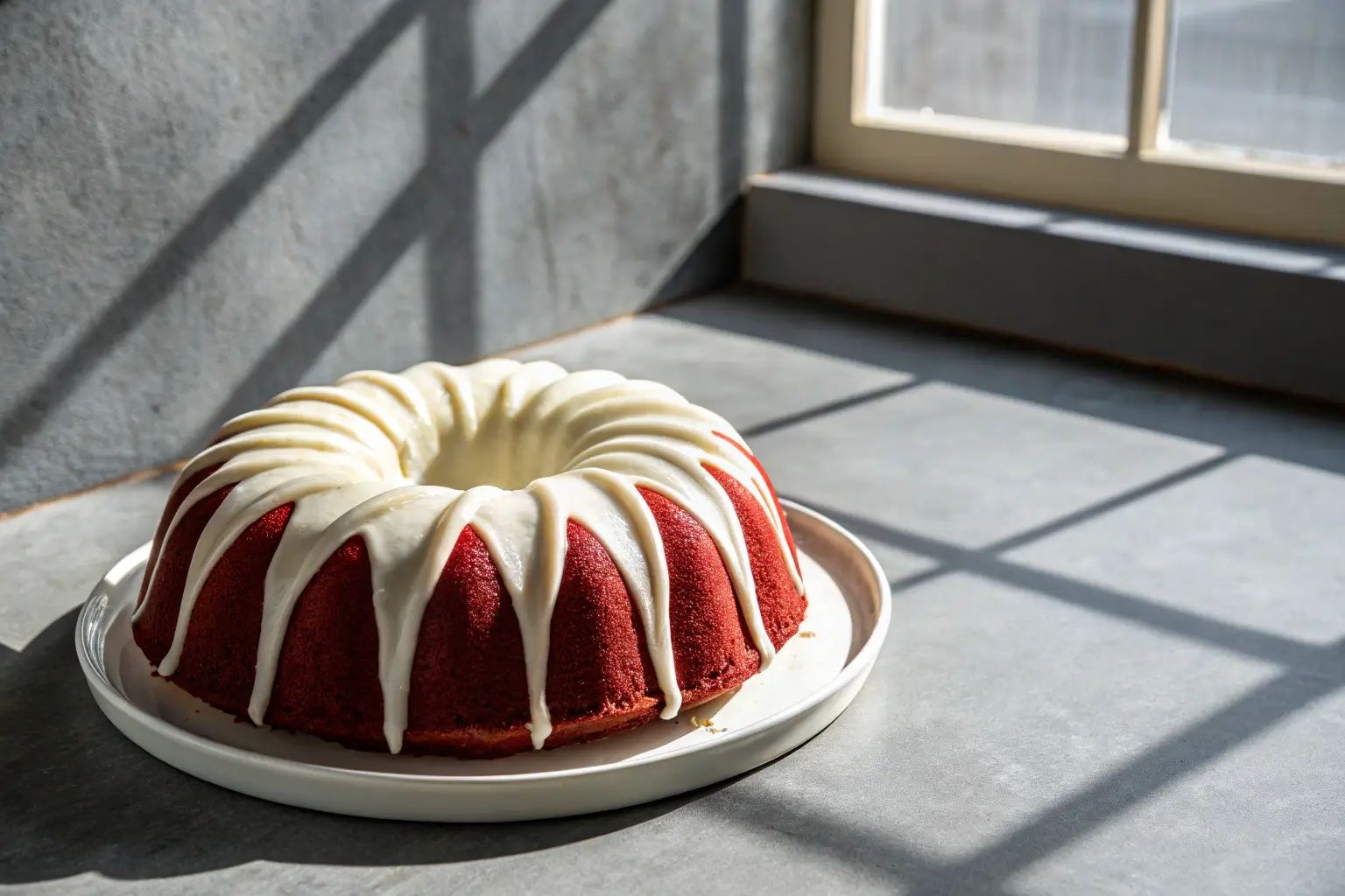 red velvet bundt cake with cream cheese frosting close-up