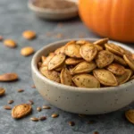 Roasted spicy pumpkin seeds with golden brown crisp texture