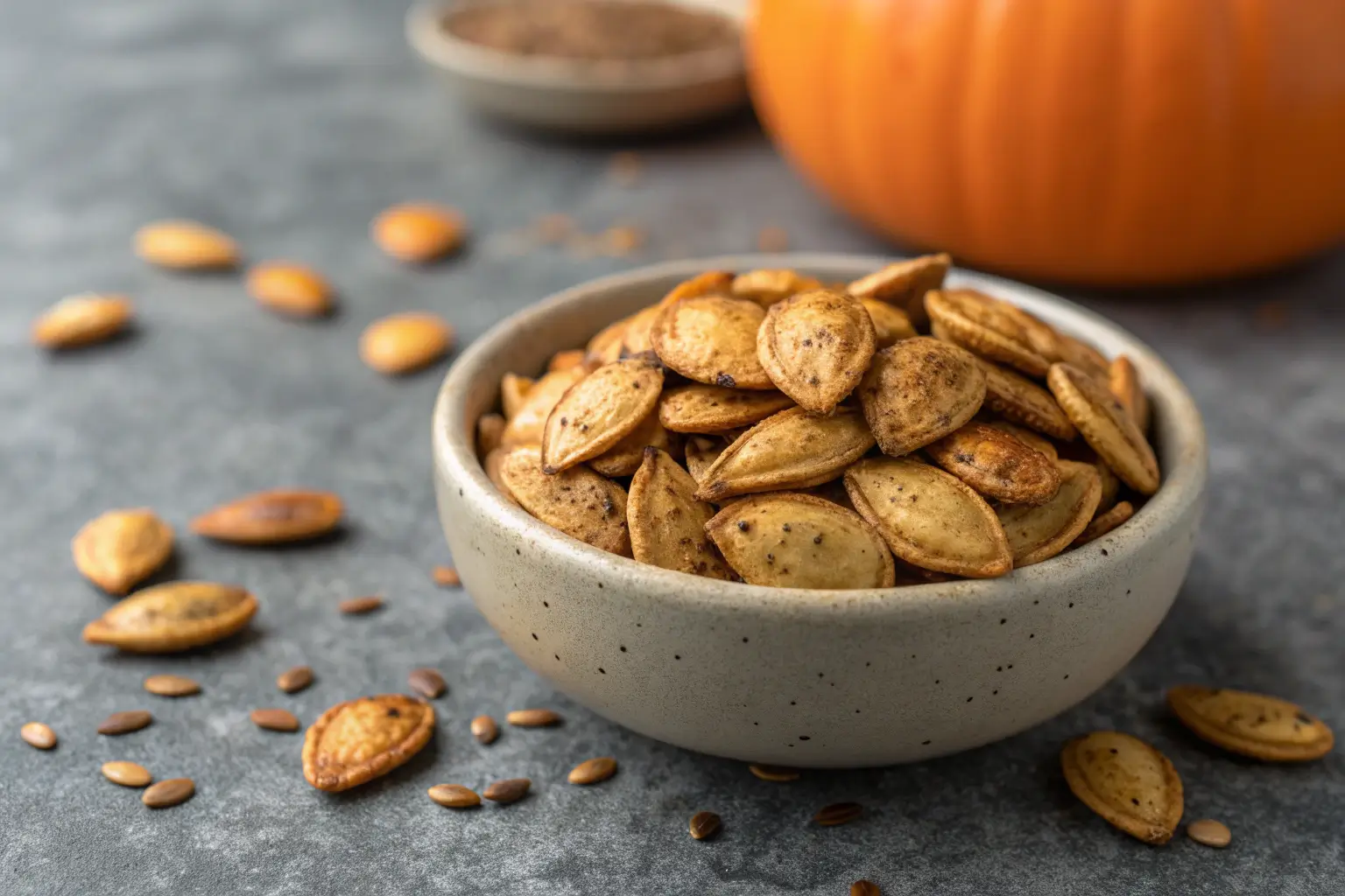 Roasted spicy pumpkin seeds with golden brown crisp texture