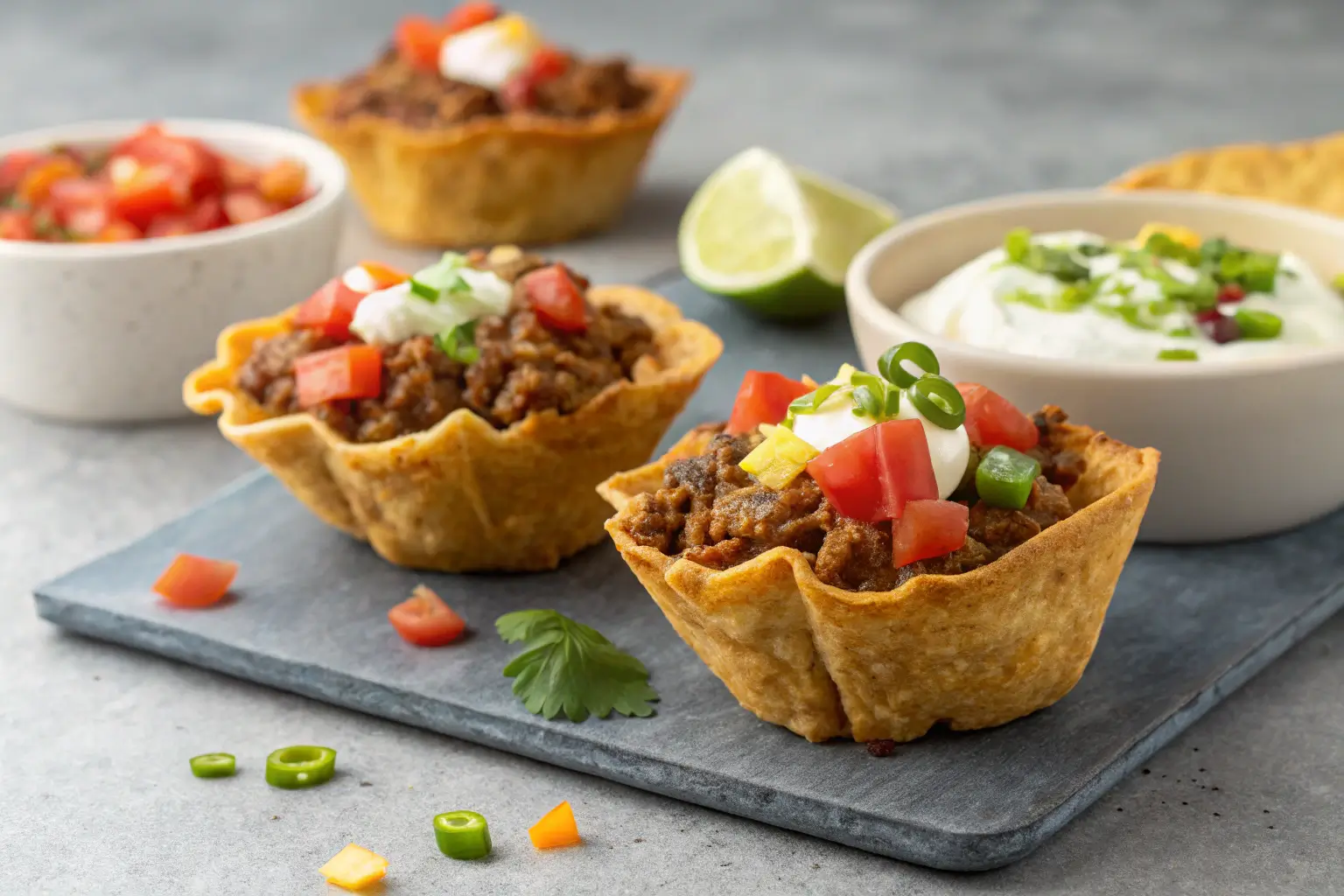 taco cups filled with ground beef, cheddar, tomatoes, sour cream, and green onions
