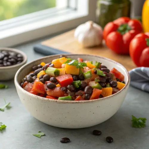 Vegan crockpot meal with black beans and vegetables in bowl