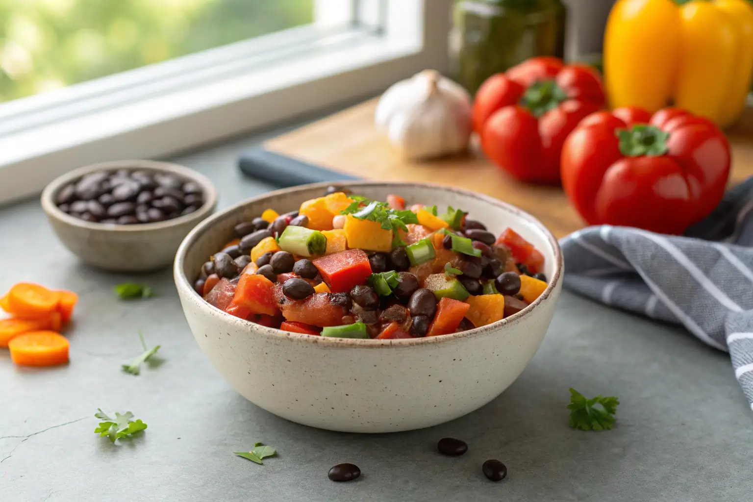 Vegan crockpot meal with black beans and vegetables in bowl