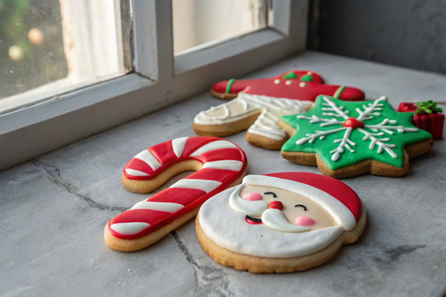 Mini Santa and candy cane Christmas cookies with royal icing decorations