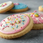 Festive decorated sugar cookies with royal icing and sprinkles on gray background