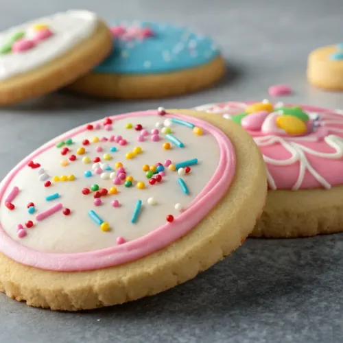 Festive decorated sugar cookies with royal icing and sprinkles on gray background