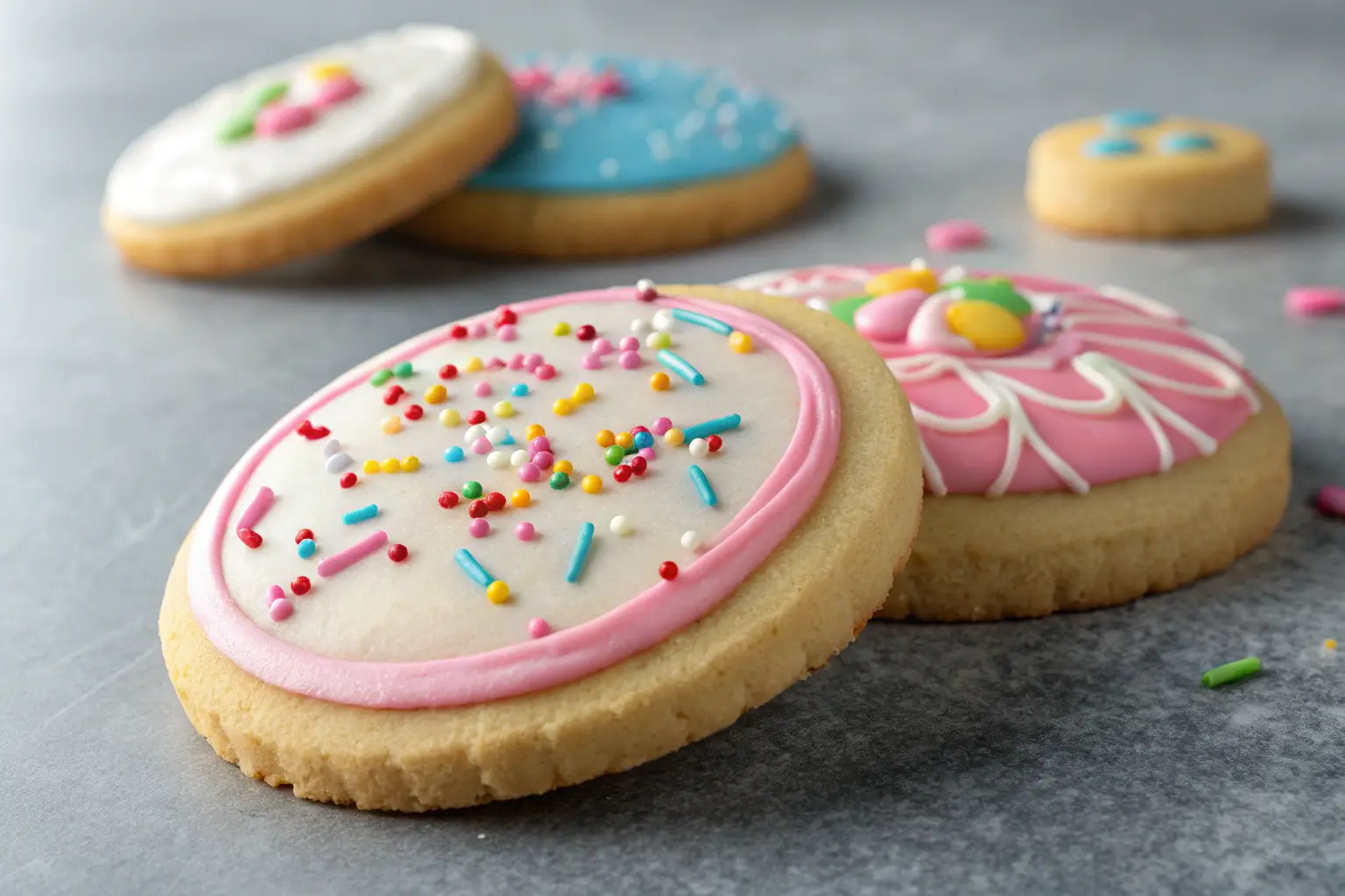 Festive decorated sugar cookies with royal icing and sprinkles on gray background
