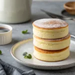 Fluffy Japanese pancakes stacked on gray tabletop with natural light