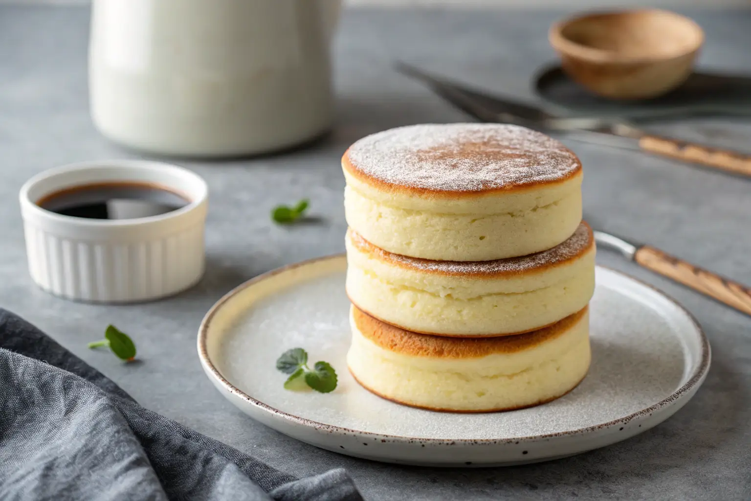 Fluffy Japanese pancakes stacked on gray tabletop with natural light