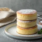 Stack of fluffy Japanese soufflé pancakes dusted with powdered sugar