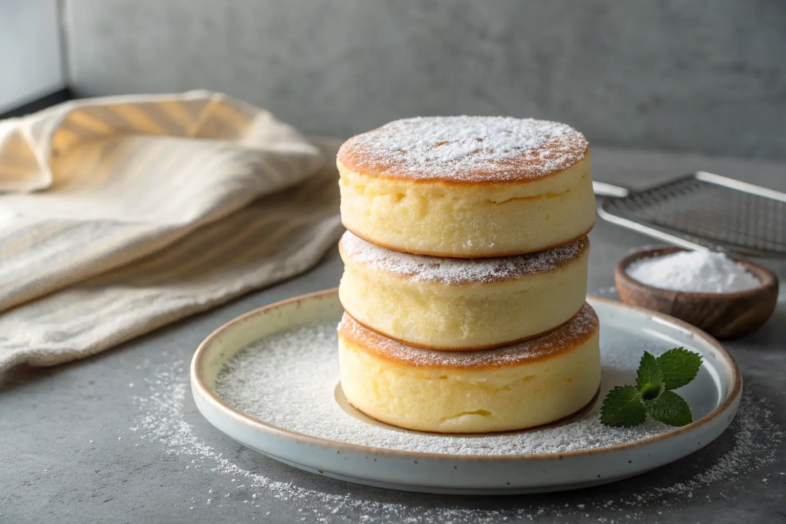 Stack of fluffy Japanese soufflé pancakes dusted with powdered sugar